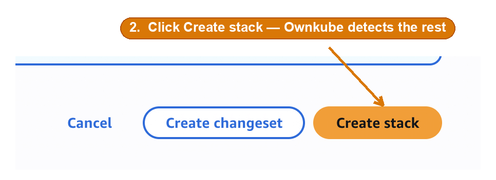 AWS CloudFormation action bar, with an arrow pointing to the orange Create stack button
